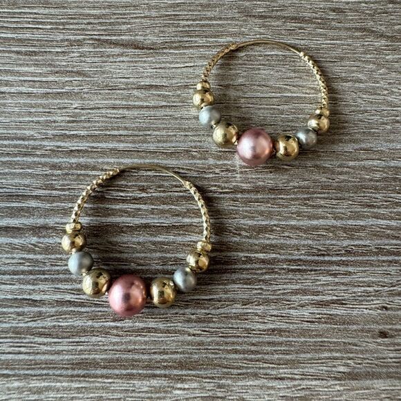 Gold and Pink Beaded Hoop N831 - Picture 2 of 4